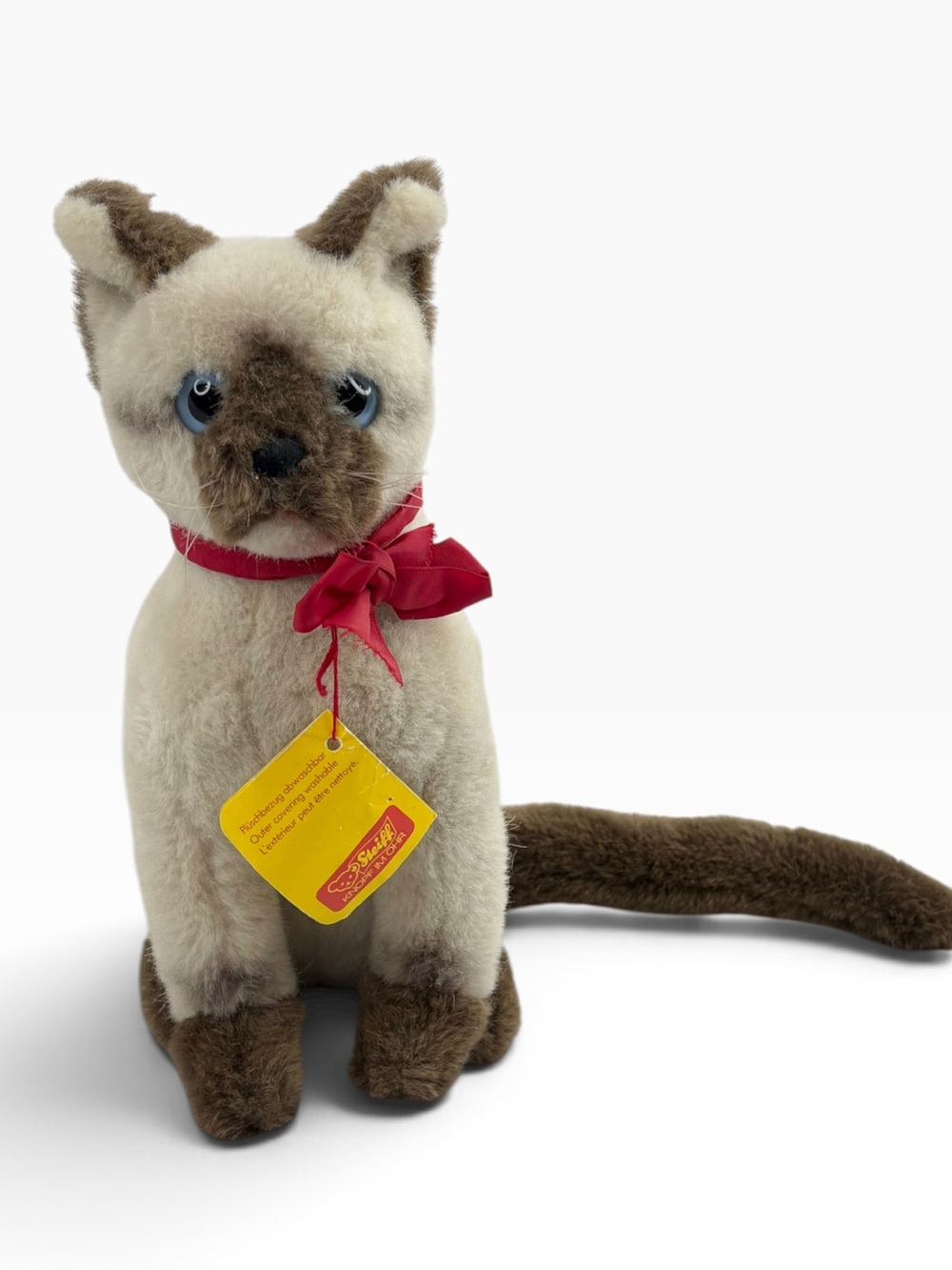 Vintage Steiff Mohair Sitting 10” Tall Cream Brown Siamese Cat Blue Eyes Red Bow - Picture 5 of 12